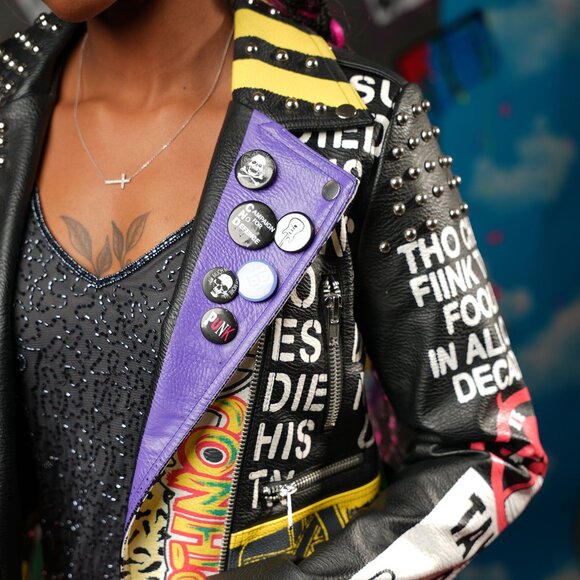 Vegan Leather Punk Print Jacket – Bold & Unique Statement Piece, Size S - Picture 4 of 11